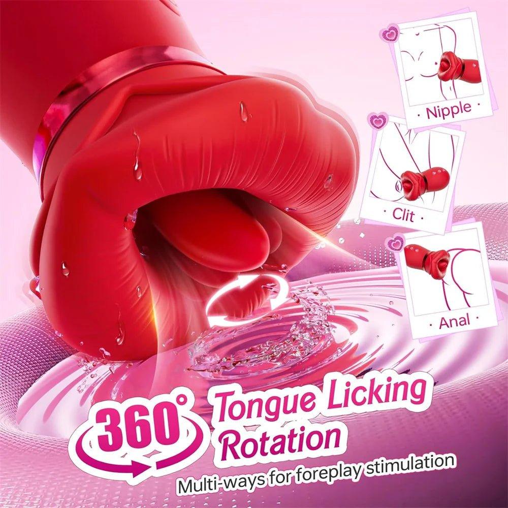 USB-rechargeable rose licking vibrator shown with charging cable and soft silicone body.