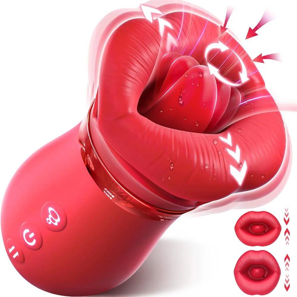 Rose tongue-licking and suction vibrator displayed from multiple angles with smooth finish