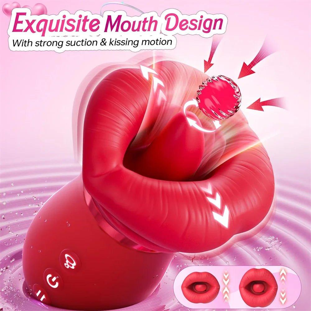 Pink rose tongue-licking vibrator with soft silicone design shown on a clean background.
