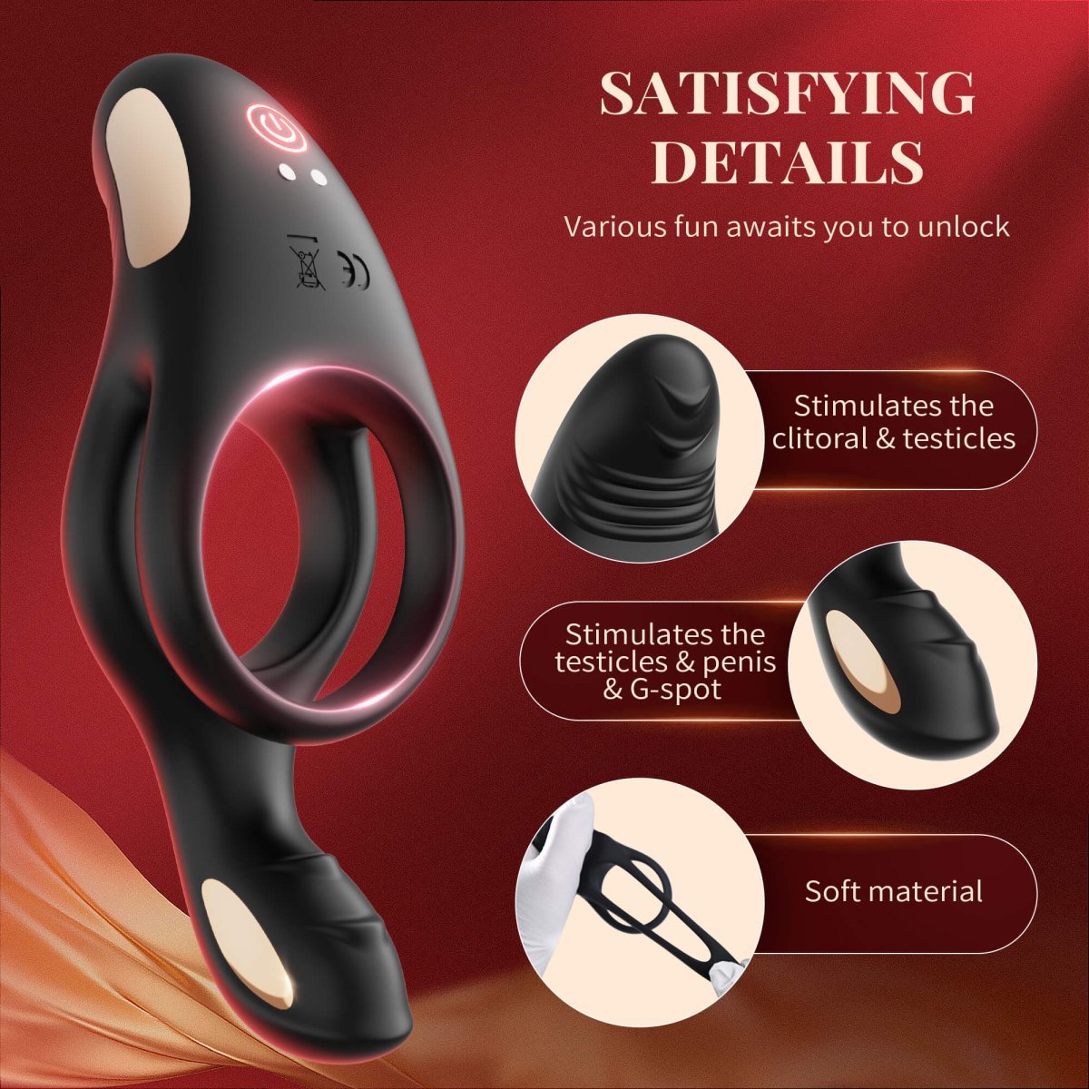 Rechargeable vibrating penis ring displayed with USB charging cable