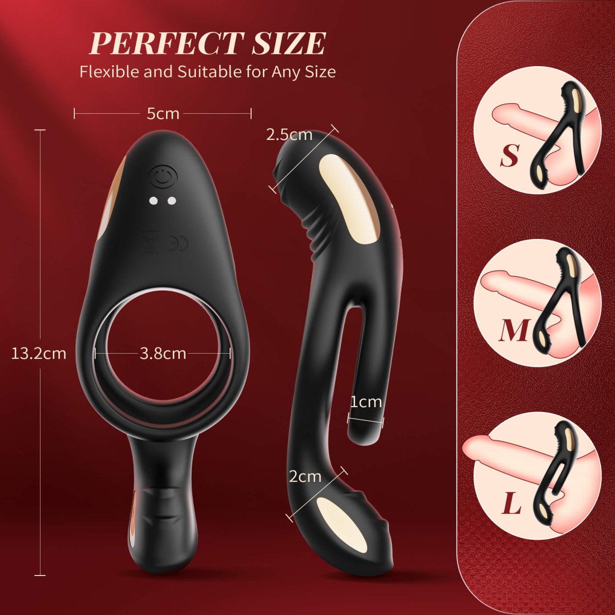 Seductiva double ring vibrator showing ergonomic stretch design