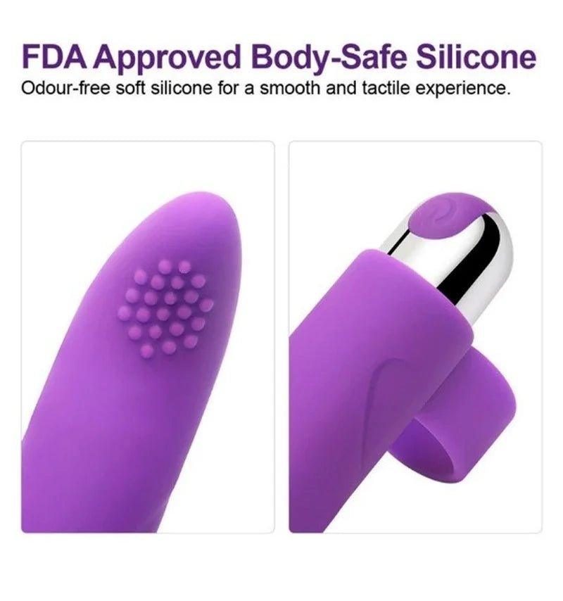 Finger vibrator showing ergonomic finger loop and charging port