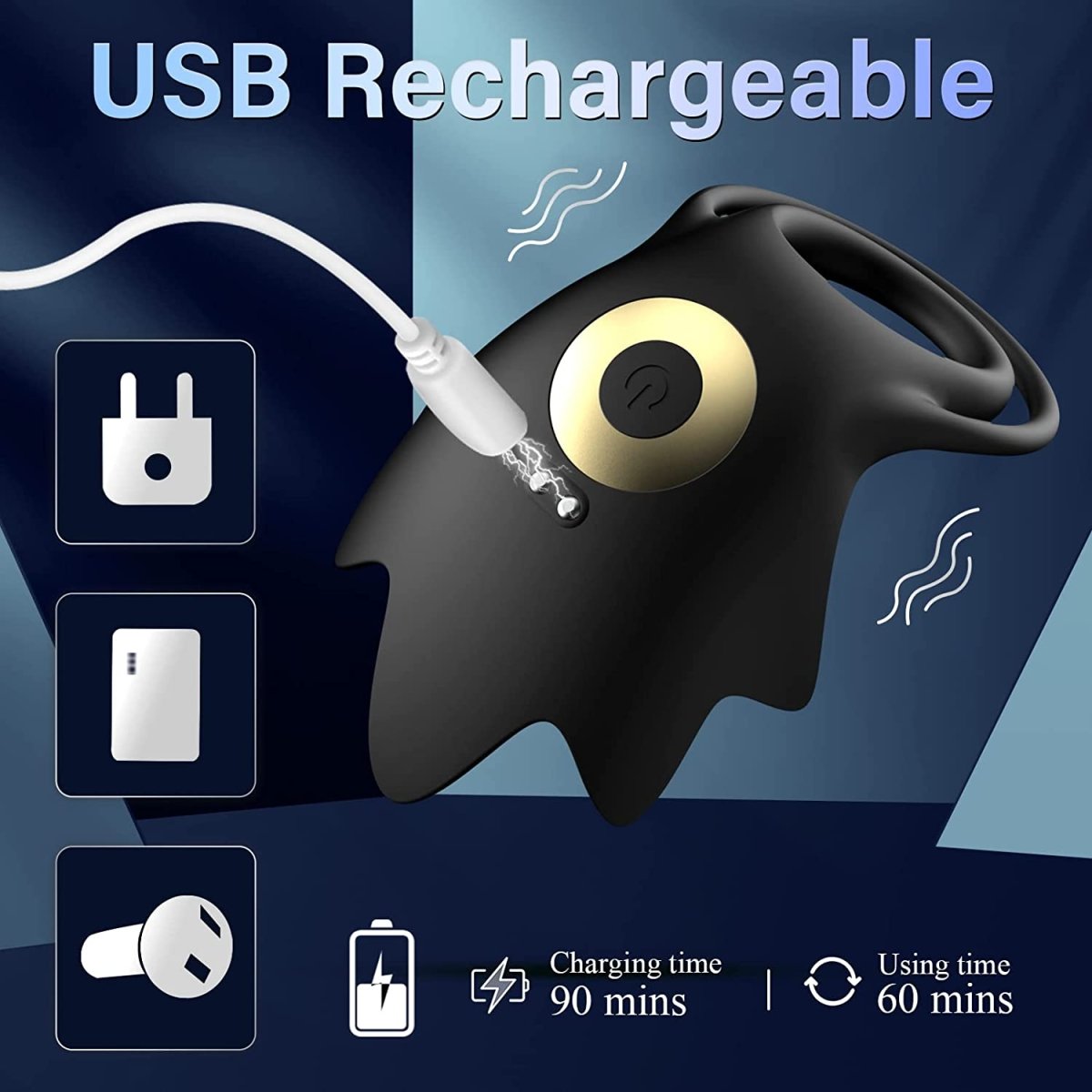 Vibrating testicle massager shown with soft flexible arms