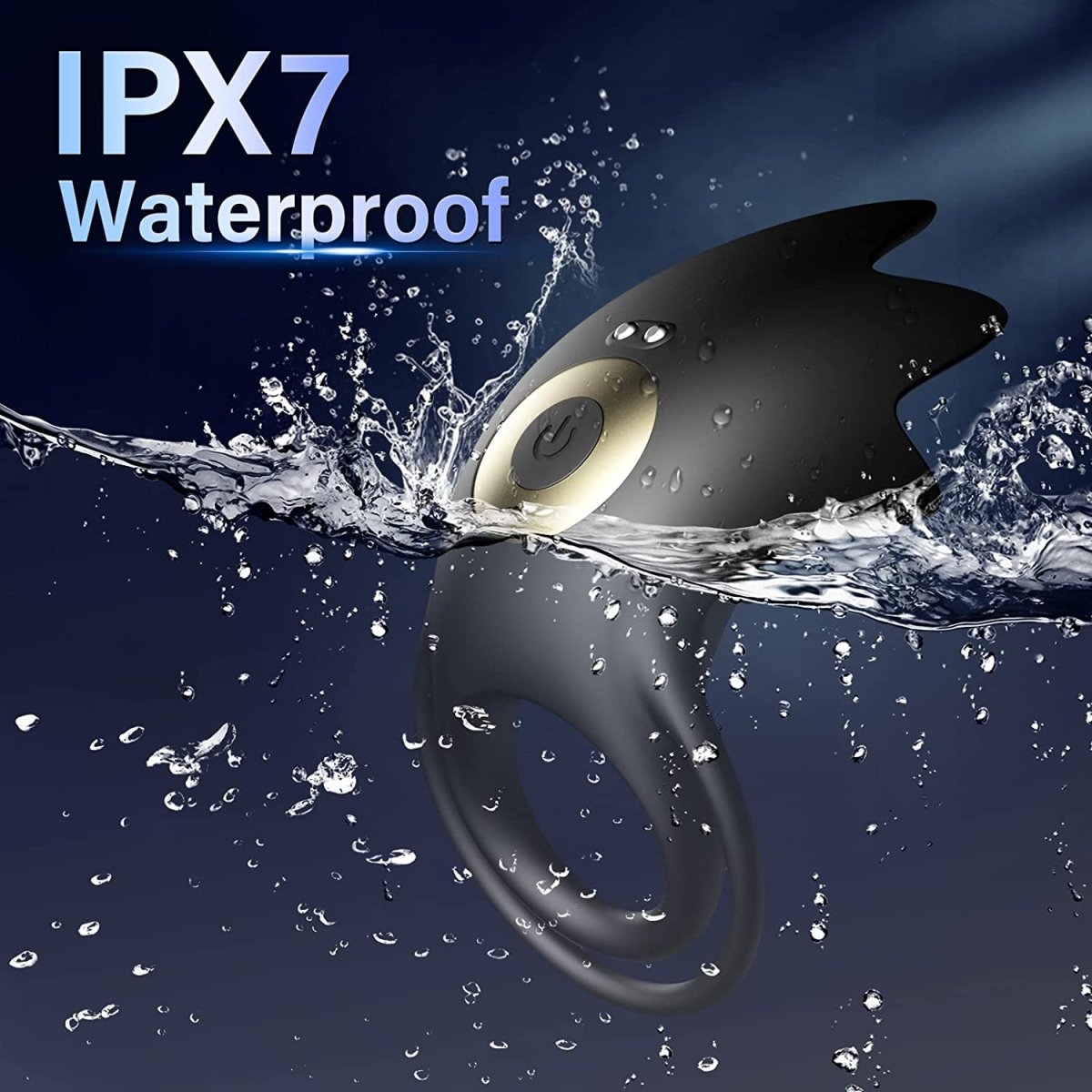 Silicone vibrating testicles massager shown flat with control button visible