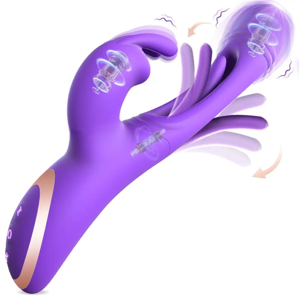 Tapping flapping rabbit vibrator shown in full front view with dual arms
