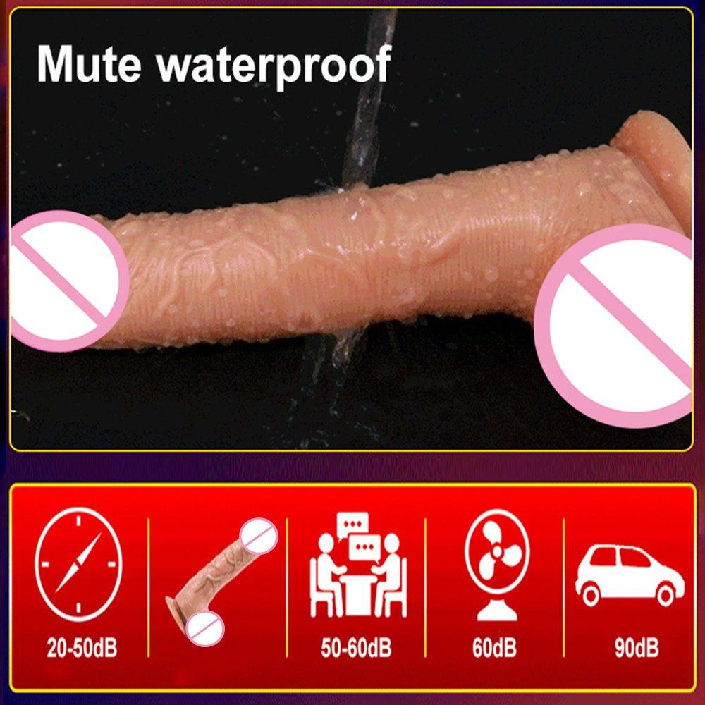 Vibrating dildo shown flat with telescopic thrusting mechanism visible
