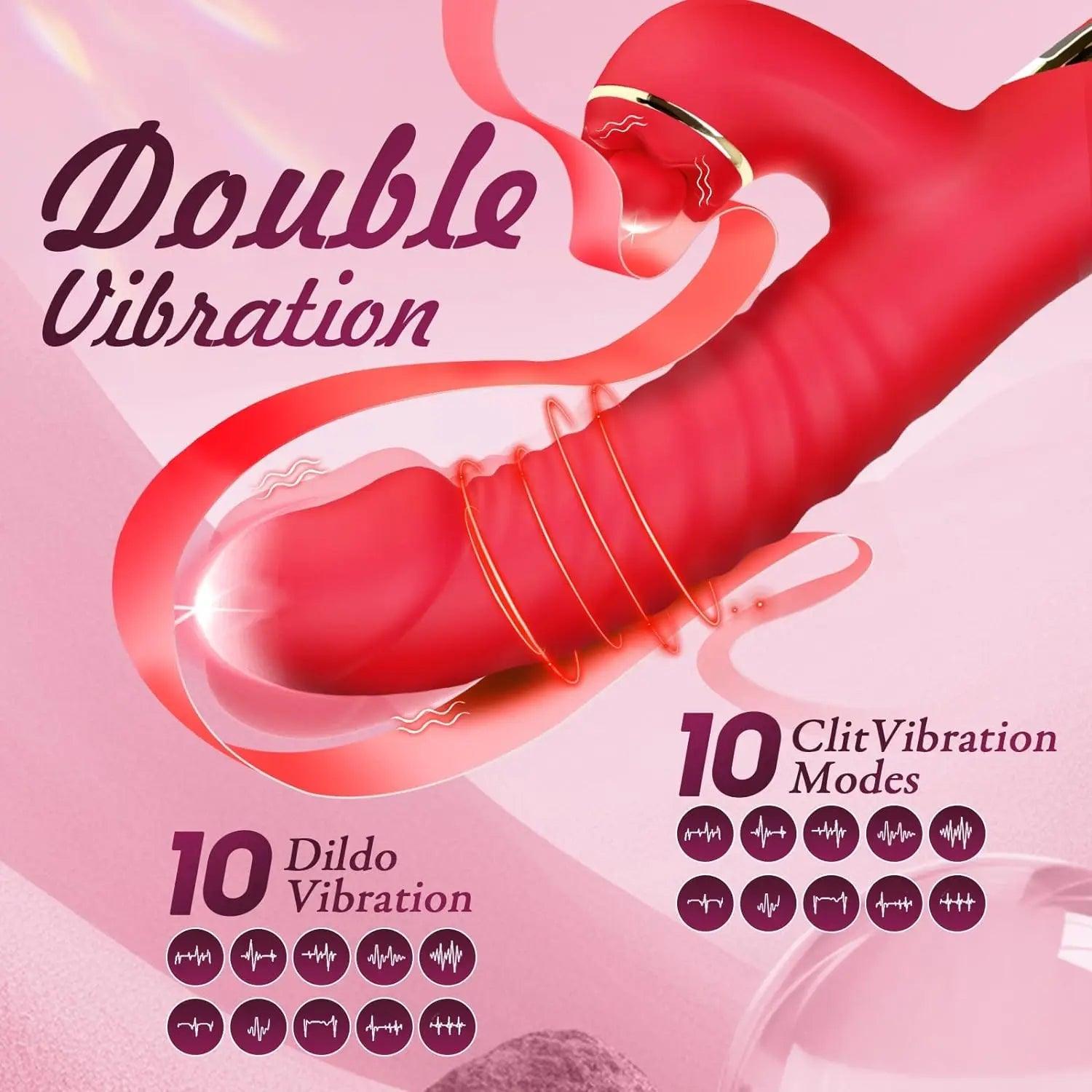 USB-rechargeable thrusting vibrator displayed with charging cable.