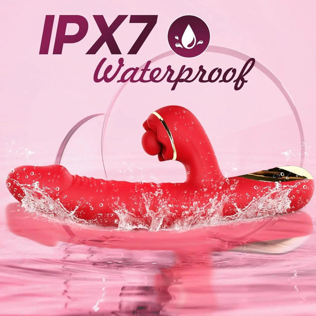 Pink thrusting dildo vibrator with clitoral stimulator shown on a clean background.