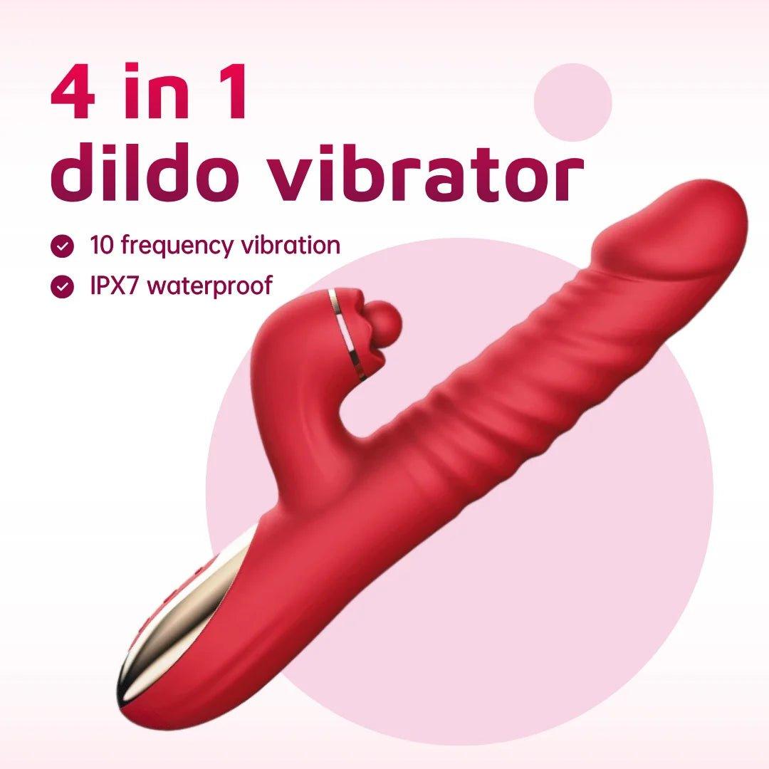 Pink thrusting dildo vibrator with clitoral stimulator shown on a clean background.