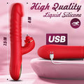 Dual-action vibrator illustrating thrusting motion and clitoral stimulation features.