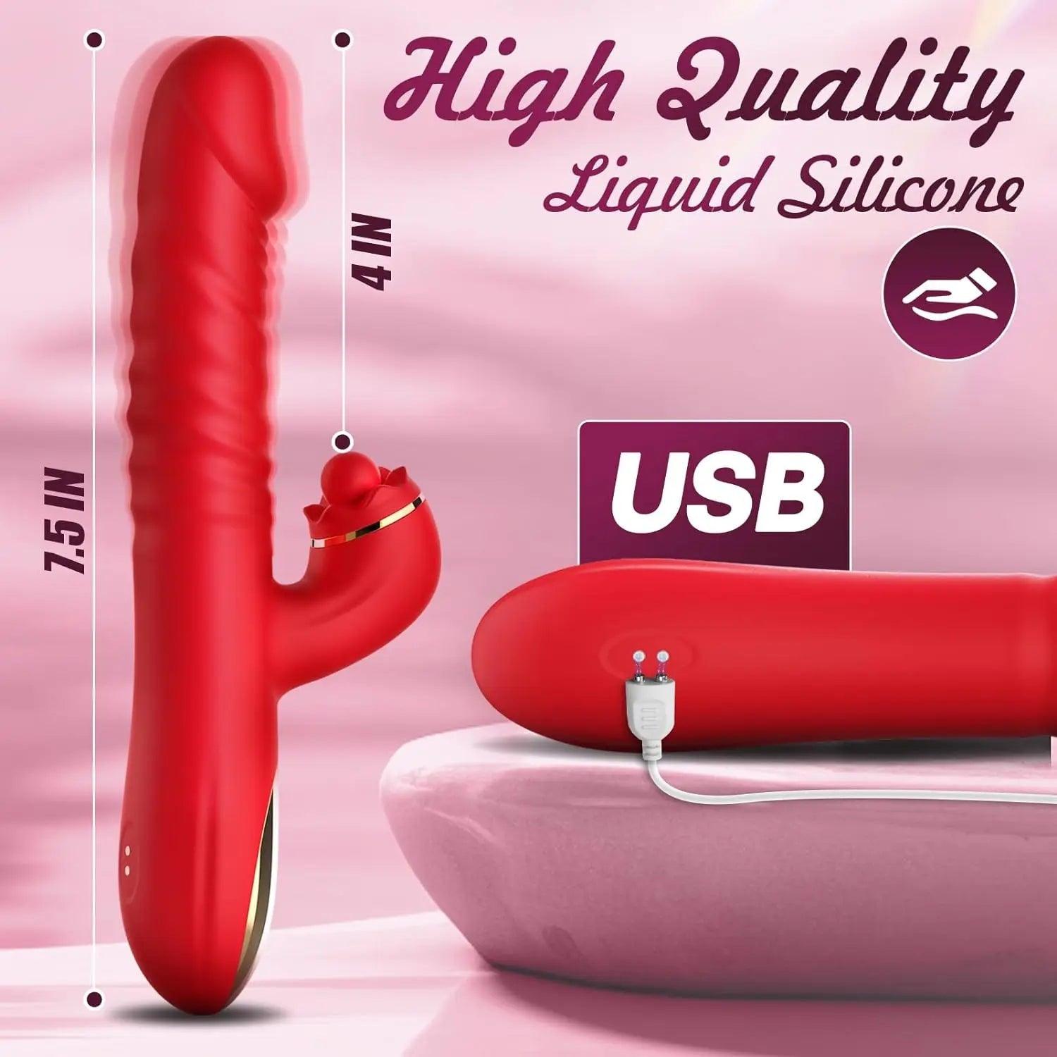 Dual-action vibrator illustrating thrusting motion and clitoral stimulation features.