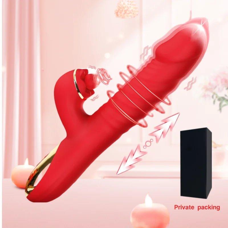 Pink thrusting dildo and clitoral stimulator shown from multiple angles with smooth silicone finish.