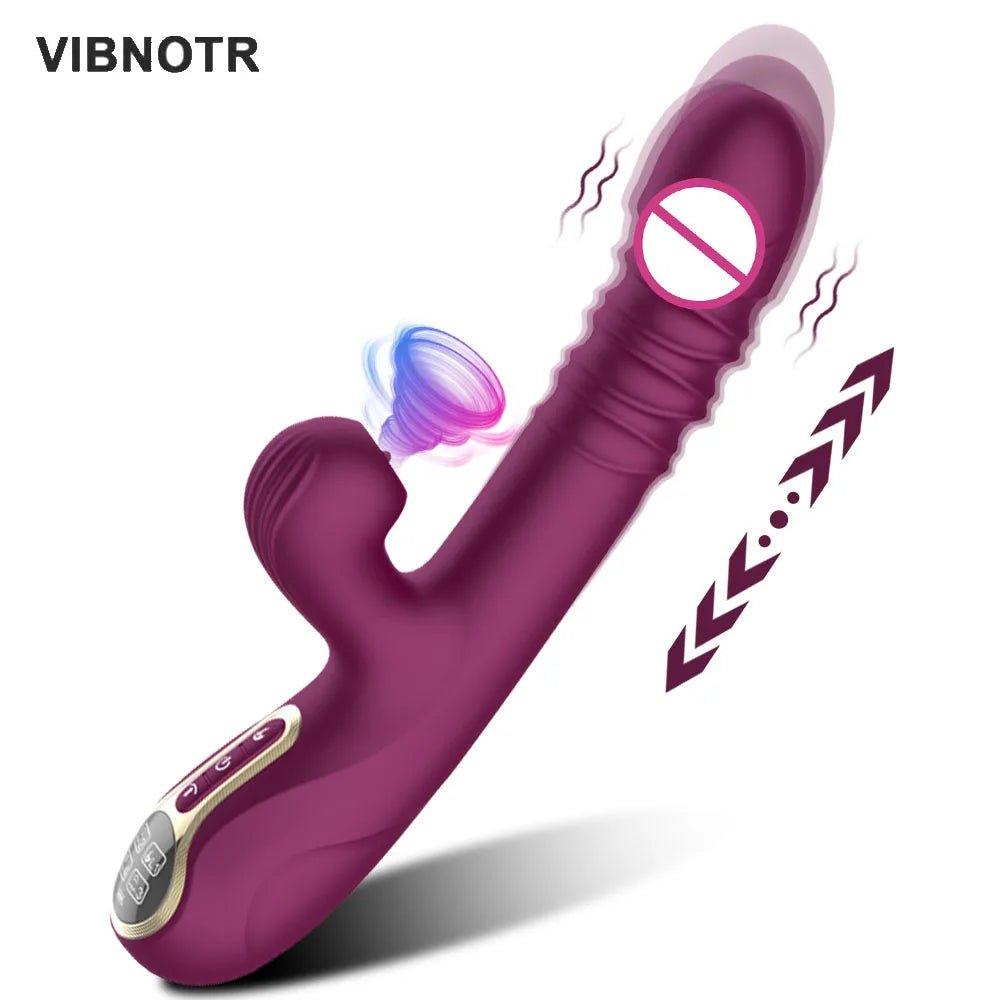 Thrusting pushing vibrator shown in full front view with curved silicone shaft