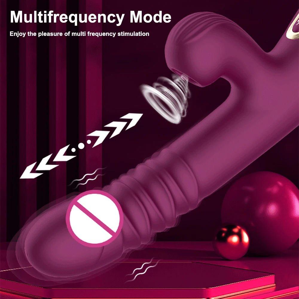 Thrusting pushing vibrator shown in full front view with curved silicone shaft