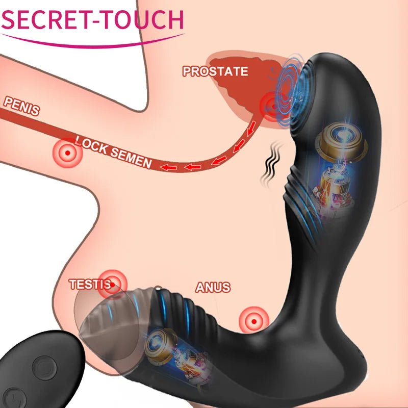 Tikken wireless prostate massager shown in full front view with curved design