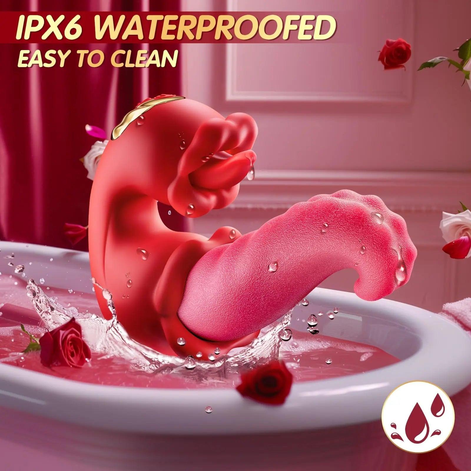 Waterproof tongue swing vibrator shown splashing in water to highlight water resistance.