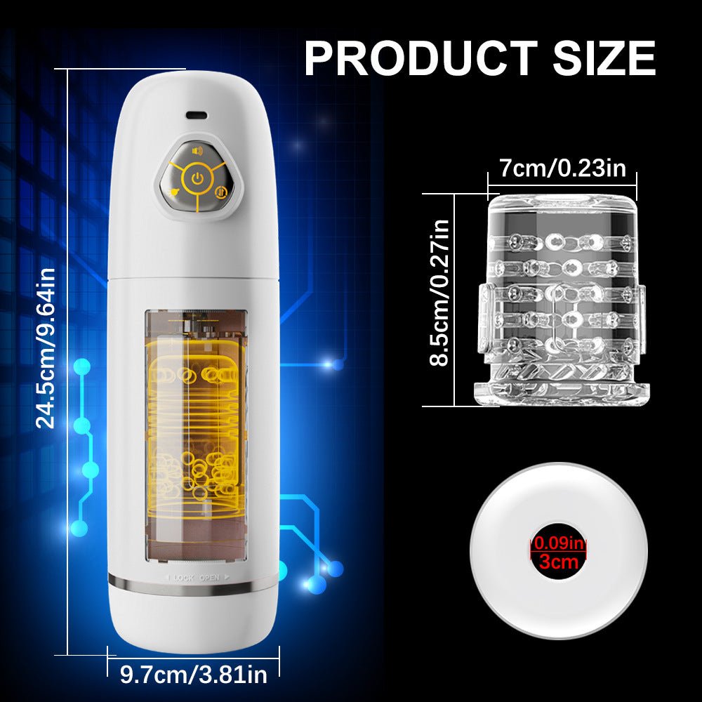 Ultimate automatic male masturbator displayed flat highlighting full product design