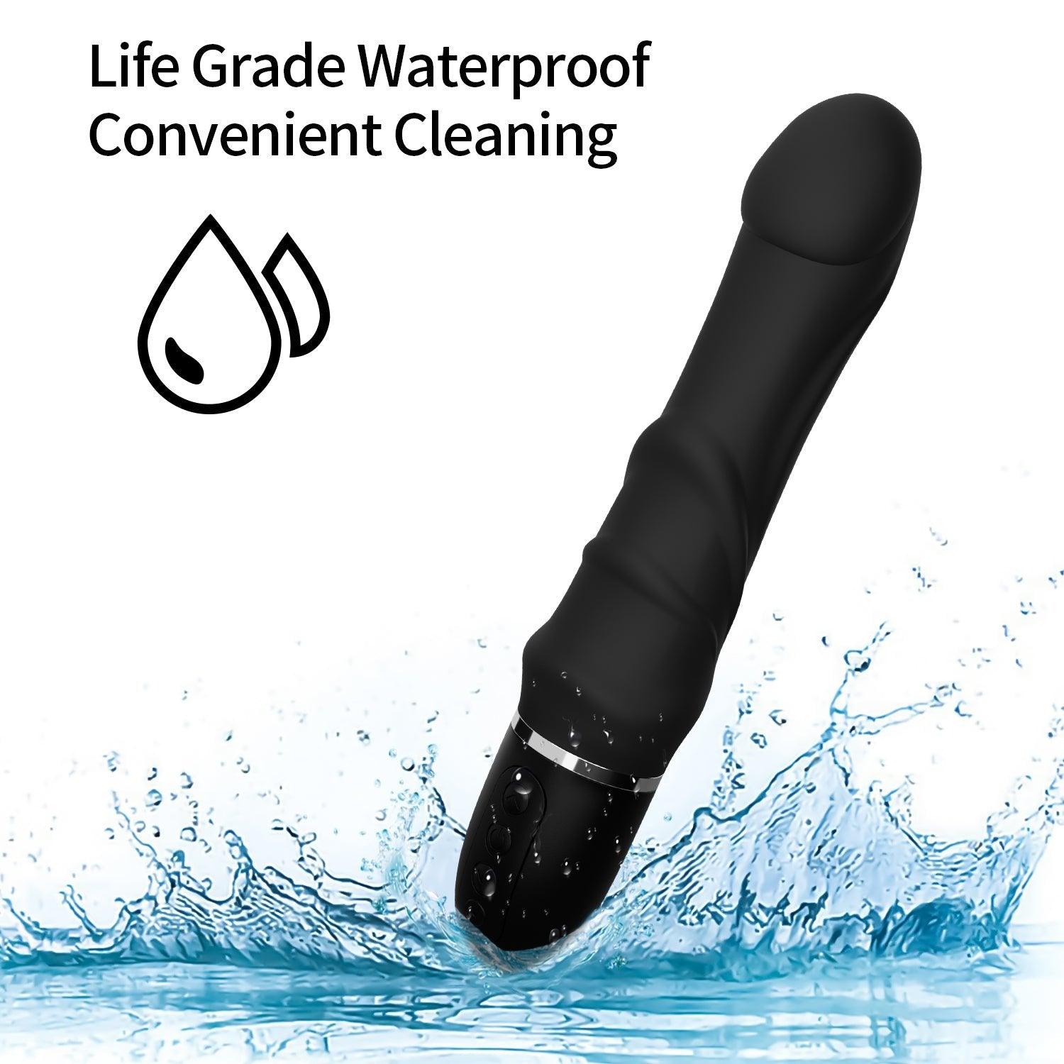Side angle of lifelike vibrator dildo highlighting textured shaft