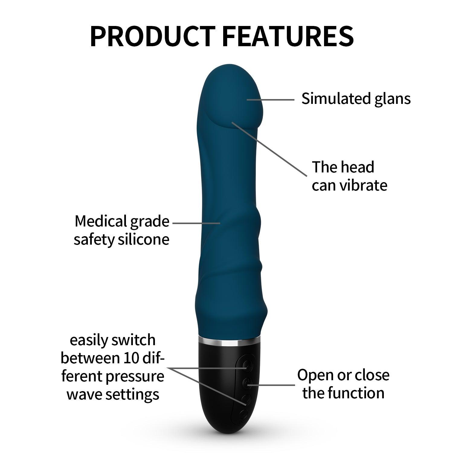 Vibrating dildo displayed upright with flexible contoured shape