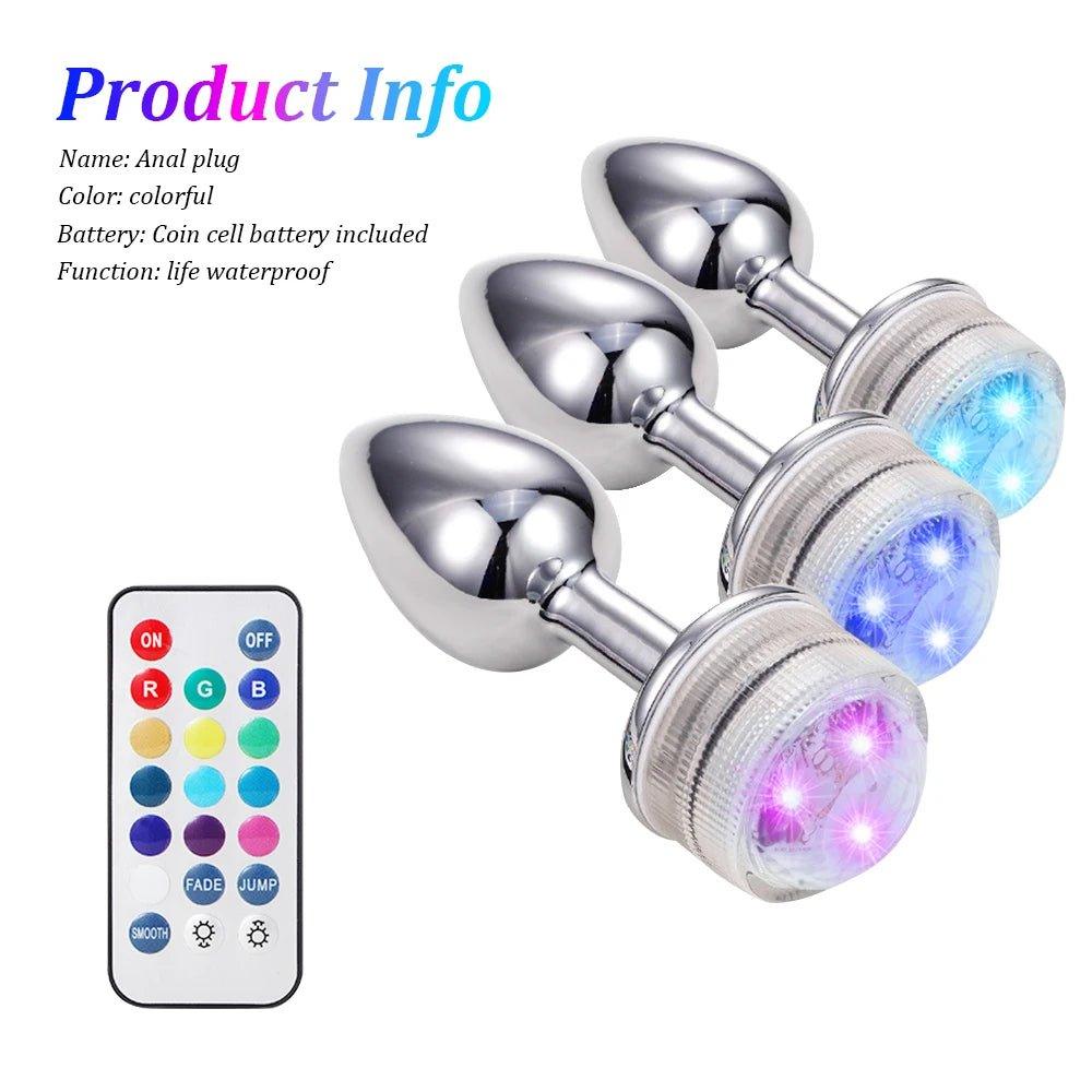 Wireless Remote Control Metal Luminous Anal Plug Prostate Massage Butt Plug with LED Anal Tail Sex Toy Adult Products for Women - Seductiva