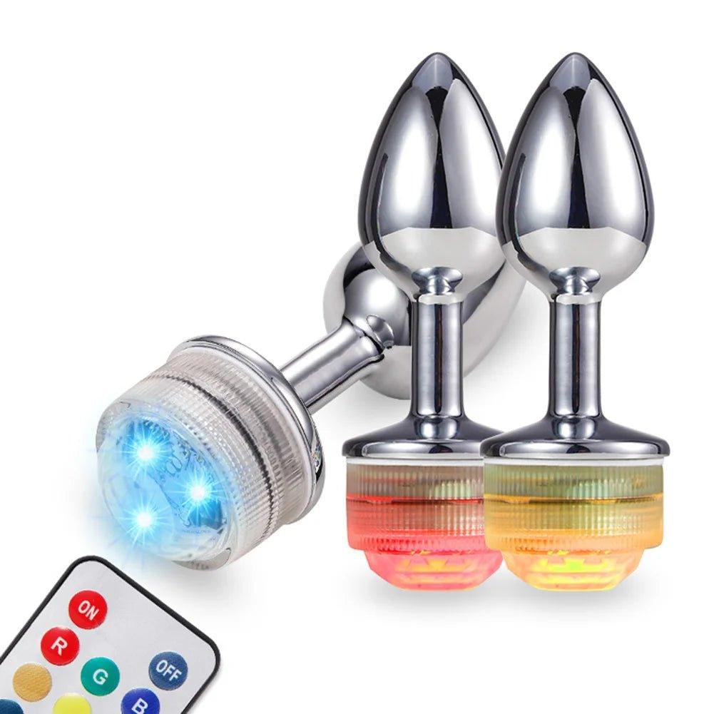 Wireless Remote Control Metal Luminous Anal Plug Prostate Massage Butt Plug with LED Anal Tail Sex Toy Adult Products for Women - Seductiva
