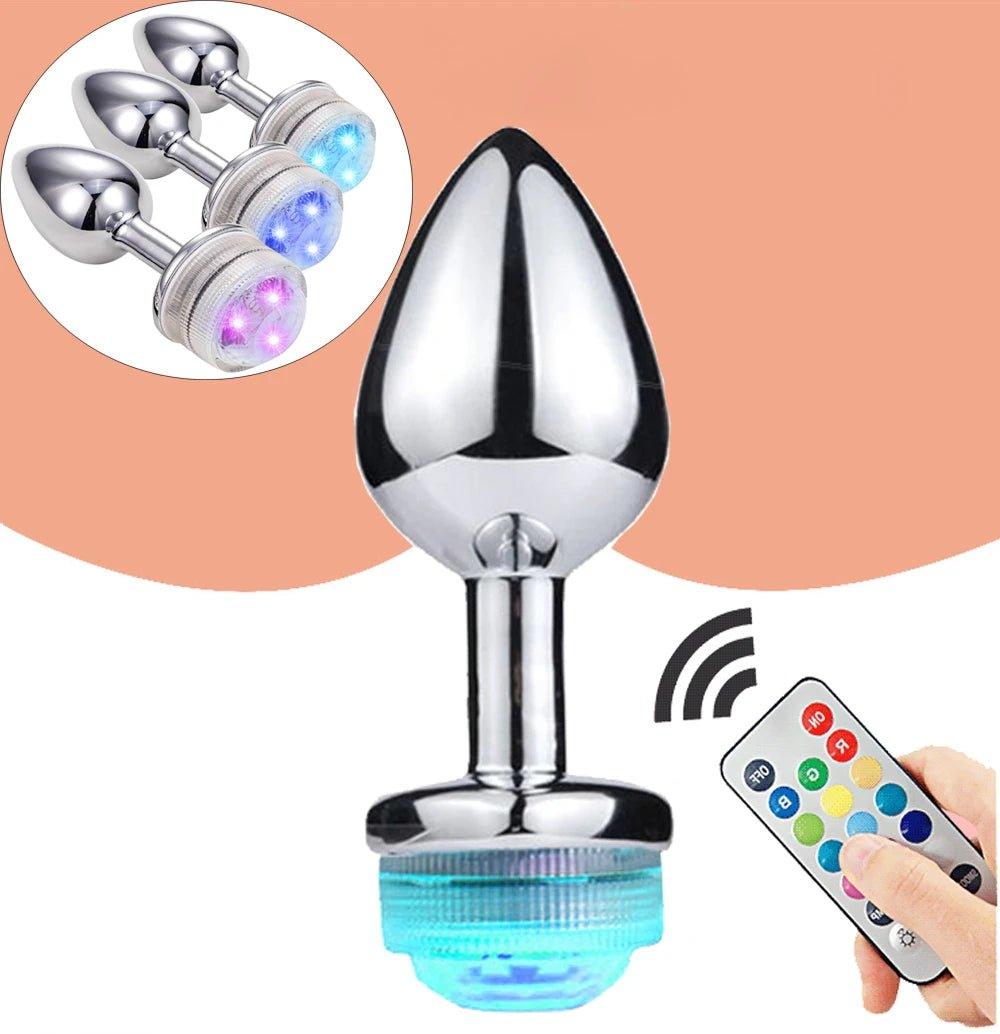 Wireless Remote Control Metal Luminous Anal Plug Prostate Massage Butt Plug with LED Anal Tail Sex Toy Adult Products for Women - Seductiva